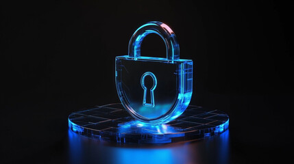 A floating holographic padlock represents data protection, cybersecurity, and digital security, symbolizing trust, encryption, and safeguarding information in a futuristic setting.
