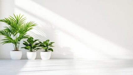 Indoor green plants in white pots with sunlight shadows on minimalist white wall and floor - Powered by Adobe