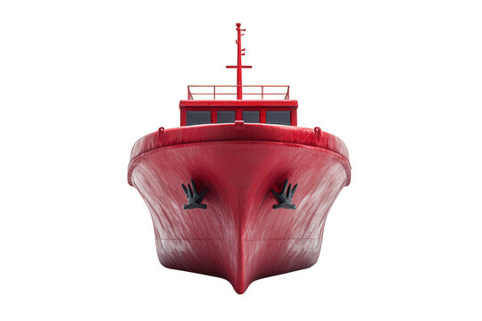 Front view of a red cargo ship isolated on transparent background, showcasing its robust hull, prominent anchors, and navigation equipment against a clean backdrop
