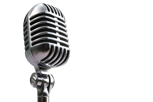 A sleek silver microphone, isolated on transparent background, embodies professional audio recording, ideal for studio sessions, broadcasting, and vocal performances