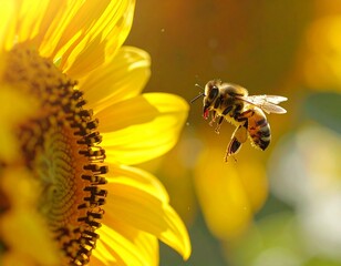 Honeybee approaching bright sunflower in warm golden sunlight macro scene
