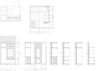 Small Bedroom 2D Drawing with Built-in Wardrobe and Dressing Table – Plan, Elevation, and Section for Interior Design
