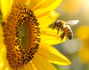 Honeybee approaching bright sunflower in warm golden sunlight macro scene