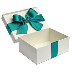 Empty white gift box with turquoise bow, lid partly open