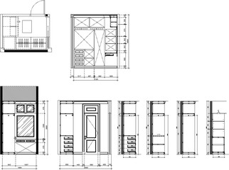 Small Bedroom 2D Drawing with Built-in Wardrobe and Dressing Table – Plan, Elevation, and Section for Interior Design