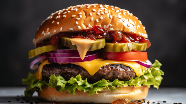 Close up of delicious burger with sesame seeds bun, lettuce, beef patty, cheese, tomato, red onion, pickles and sauce on dark background with copy space showcases culinary expertise at its finest