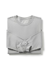 A neatly folded light gray long-sleeved t-shirt with a ribbed crew neck displayed on a white background