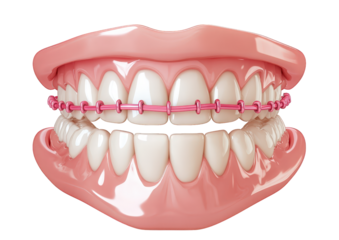 A set of teeth with pink braces isolated on transparent background, showcasing dental care and orthodontic treatment for a healthy and aligned smile
