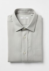 A neatly folded light grey shirt with a textured fabric featuring a collar buttons and a pocket displayed on a white background