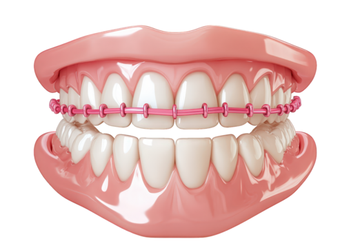 A set of teeth with pink braces isolated on transparent background, showcasing dental care and orthodontic treatment for a healthy and aligned smile