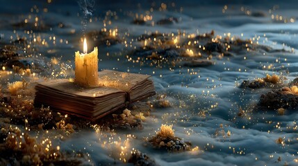 Candle burning atop an open book amidst a dreamlike, hazy landscape