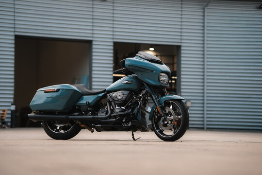 Harley-Davidson CVO Street Glide motorcycle, blue motorbike with luggage panniers