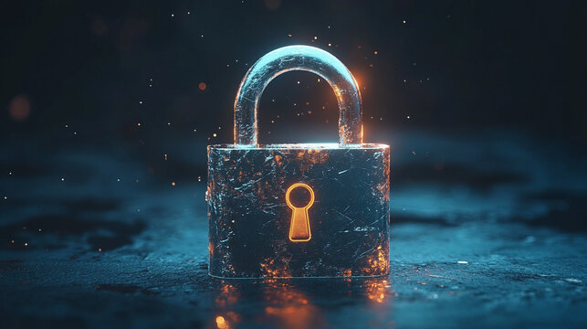 A floating holographic padlock represents data protection, cybersecurity, and digital security, symbolizing trust, encryption, and safeguarding information in a futuristic setting.
