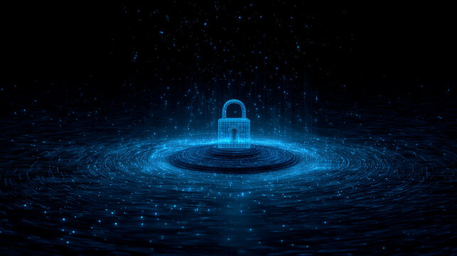 A floating holographic padlock represents data protection, cybersecurity, and digital security, symbolizing trust, encryption, and safeguarding information in a futuristic setting.