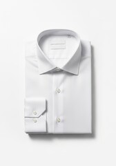 A neatly folded white dress shirt with a visible collar and buttons presented on a plain light background
