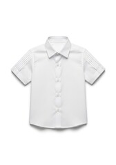 A neatly ironed white short-sleeved collared shirt with a button-down front and pleated cuff details casting a subtle shadow on a clean background