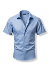 A neatly pressed periwinkle blue short-sleeved collared shirt with a subtle woven pattern displayed against a stark white background