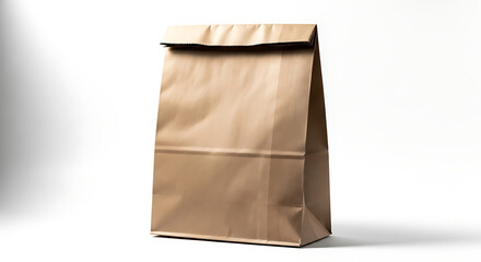 Single Brown Paper Lunch Bag, Folded Top, Isolated On White Background For Takeaway Foods