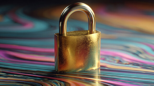 A floating holographic padlock represents data protection, cybersecurity, and digital security, symbolizing trust, encryption, and safeguarding information in a futuristic setting.
