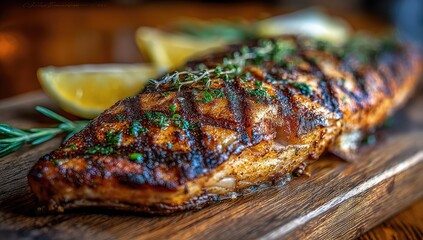 Grilled fish fillet with lemon & herbs on wooden board, close-up