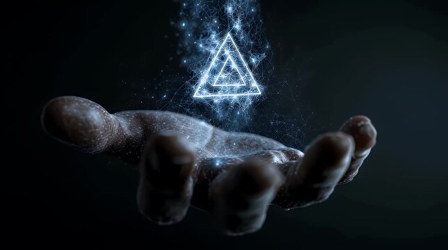 Hand Reaching Out with Glowing Digital Triangle in Dark Background with ai generated