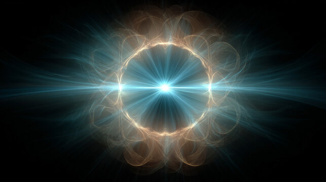 Abstract circular swirl of light forming symmetrical patterns, with glowing curves and dynamic motion, creating a futuristic, energetic, and visually captivating effect.