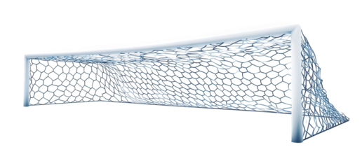 A vibrant blue soccer goal net isolated on transparent background, highlighting its modern design and the dynamic interplay of light and shadow on its surface