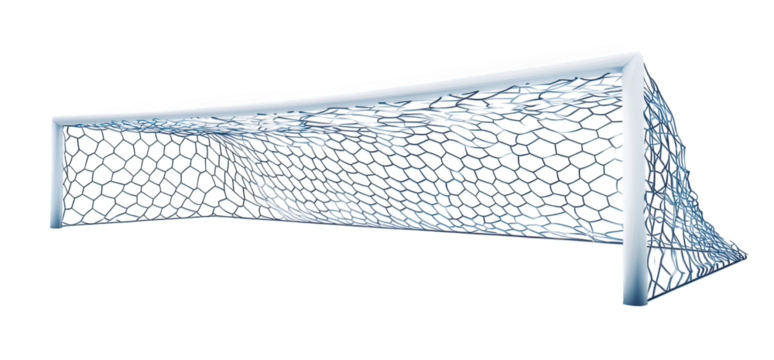 A vibrant blue soccer goal net isolated on transparent background, highlighting its modern design and the dynamic interplay of light and shadow on its surface