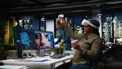 Black woman using VR glasses and neural networks to edit photos, retouching content and generating materials with machine learning and AI tools. Turning text to image with virtual reality. Camera A. - Powered by Adobe