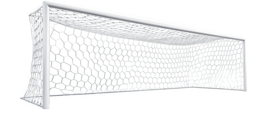 A pristine white soccer goal net isolated on transparent background, emphasizing its clean lines, geometric structure, and the subtle interplay of light and shadow