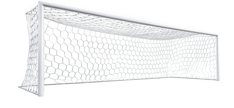 A pristine white soccer goal net isolated on transparent background, emphasizing its clean lines, geometric structure, and the subtle interplay of light and shadow