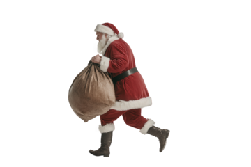 Santa claus isolated on transparent background, carrying a sack, dressed in a red suit, symbolizing christmas and holiday cheer, walking with a bag full of gifts