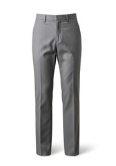 A pair of tailored grey trousers featuring a subtle textured pattern belt loops and a zip fly neatly presented on a white background