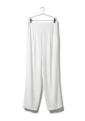 A pair of white wide-leg trousers hangs from a silver metal clothes hanger against a plain white background showing soft fabric and subtle pleats