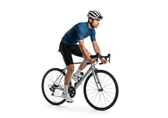 A person in a blue jersey and black shorts rides a grey road bicycle on a white background wearing a striped helmet and white cycling shoes