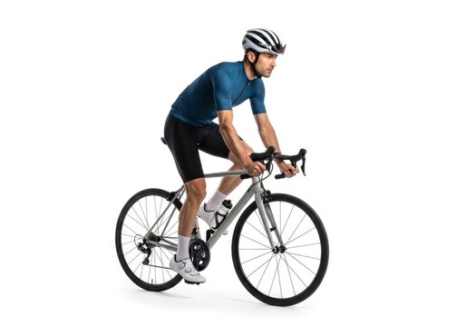 A person in a blue jersey and black shorts rides a grey road bicycle on a white background wearing a striped helmet and white cycling shoes