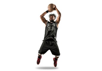 A person in athletic wear jumps holding a basketball overhead against a white background