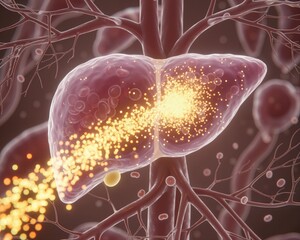 Medical illustration of a liver organ highlighting a disease focus, internal energy flow, or targeted drug accumulation with glowing yellow particles