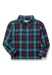 A plaid button-down long-sleeved shirt featuring a chest pocket with checks in dark green navy blue light blue and red