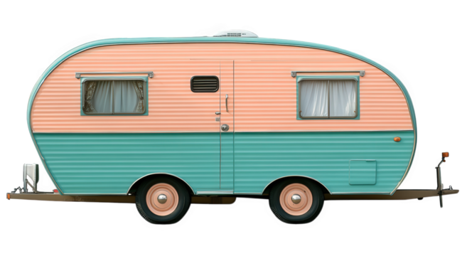 Vintage camper trailer with pink and teal paint, isolated on transparent background the trailers retro charm is enhanced by the clean, bright backdrop