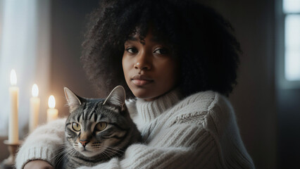 A young Black woman embraces a tabby cat while sitting indoors near flickering candles, creating an intimate and cozy atmosphere.
