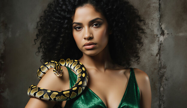 Fasion portrait, A young mixed-race woman with curly hair, wearing a green dress, poses intensely indoors with a patterned ball python wrapped around her shoulder and arm.