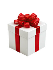 Gift white box tied with bright red ribbon & ornate bow
