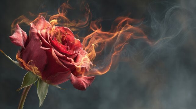 A close-up of a red rose engulfed in flames and smoke against a dark, cloudy backdrop