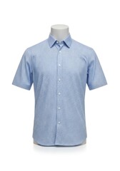 A short-sleeved blue patterned shirt is displayed on a white headless mannequin against a white background featuring a classic collar and front buttons