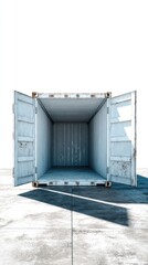 Fototapeta premium Empty white shipping container with open doors on concrete