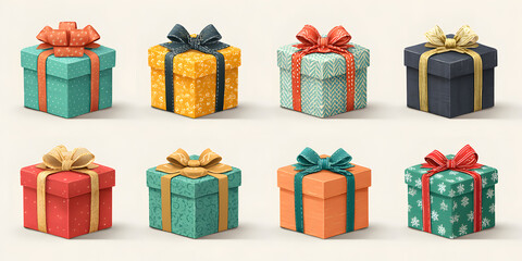 Set of Christmas gifts, New Year presents, gift boxes with ribbons, vector illustration in flat style