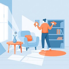 Obraz premium Man Cleaning Living Room with Sunlight Streaming Through Window.