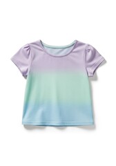 A short-sleeved childrens t-shirt features a vibrant purple mint green and sky blue ombre design It has a round neckline and slight puff sleeves