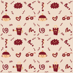 Cute scattered cupcake and sweet treat pattern on a light beige background. Fun, playful design for food packaging and bakery branding.
